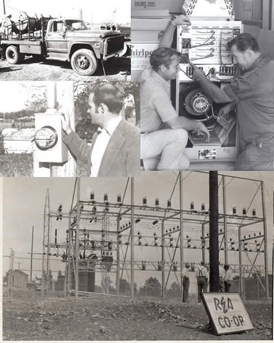A collage of old cooperative photos, including a truck, meter, air conditioner and substation.